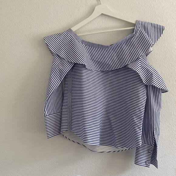 SELF-PORTRAIT BLUE/WHITE STRIPPED RUFFLE COLD SHOULDER BLOUSE - Picture 7 of 10